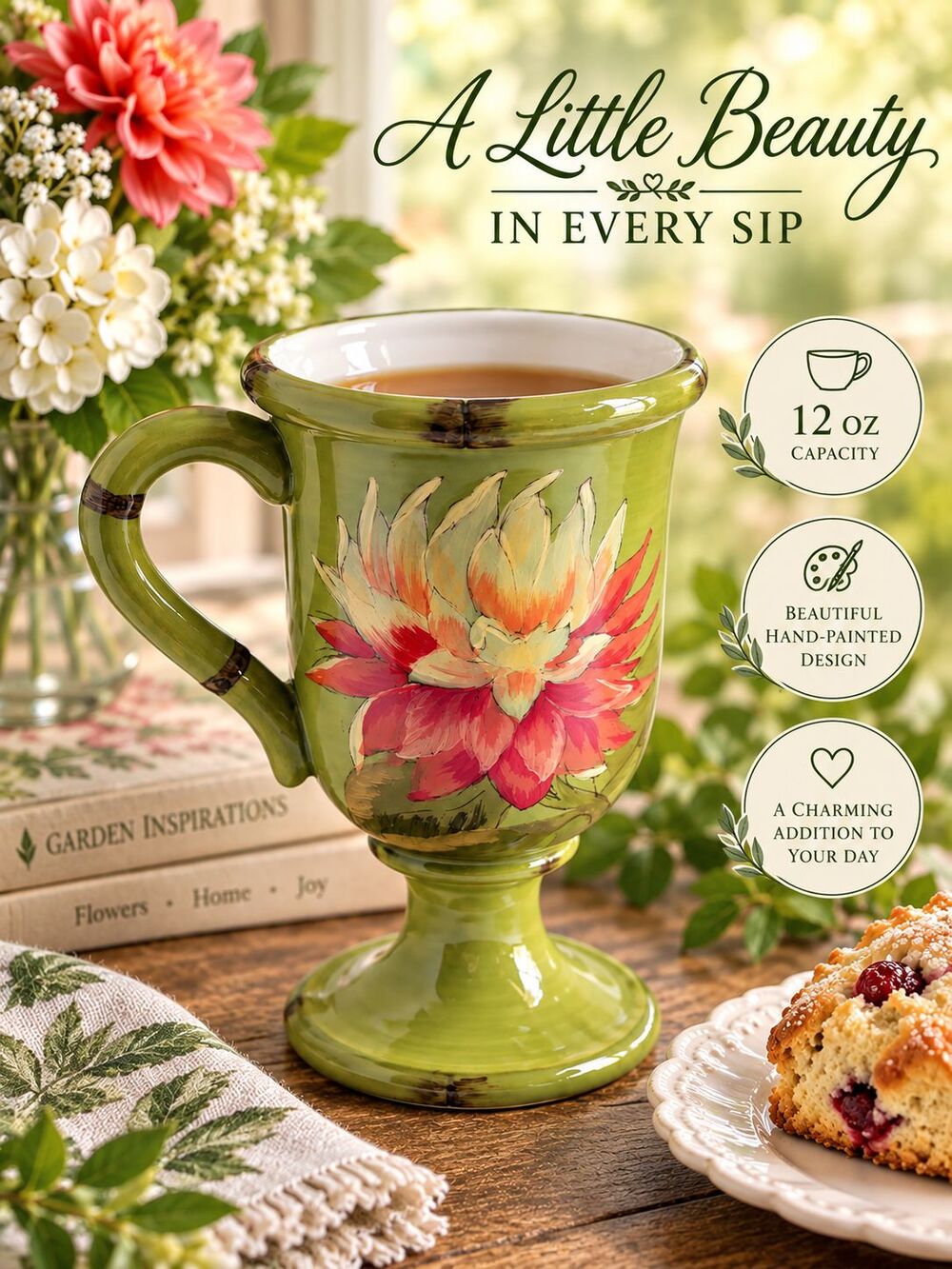 Raymond Waites CIC 12 Oz Green Floral Pedestal Mug Hand Painted Footed Cup